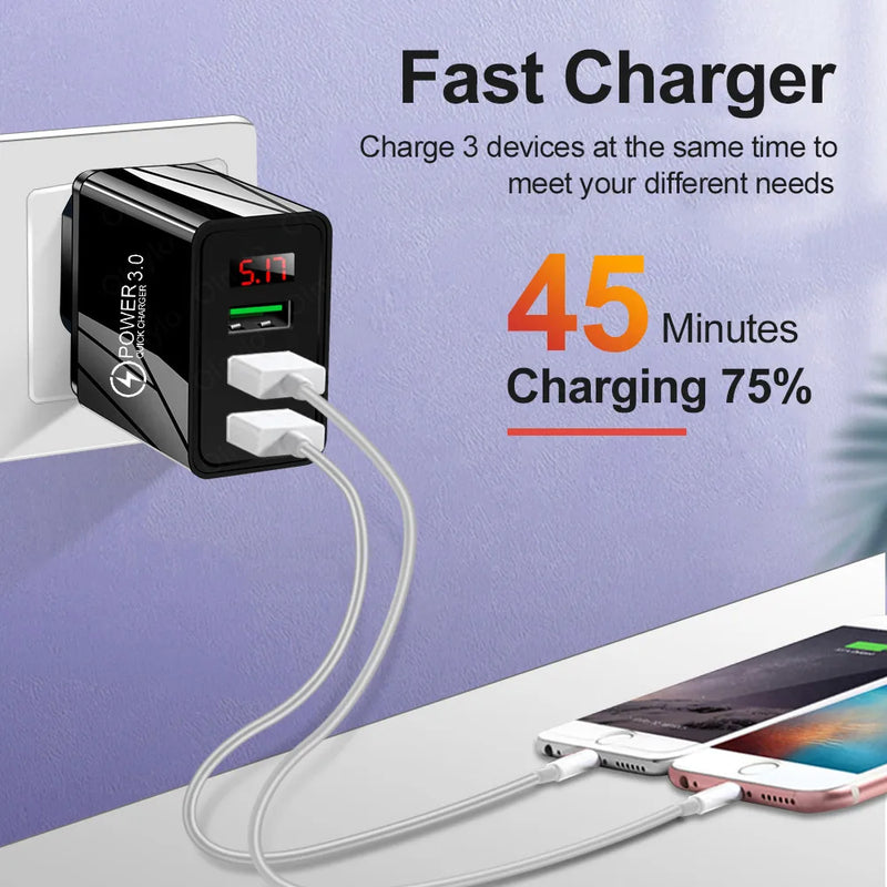 Olnylo Quick charge 3.0 USB Charger For iPhone 11 7 Samsung Huawei Xiaomi 5V 3A Digital Display Fast Charging Wall Phone Charger