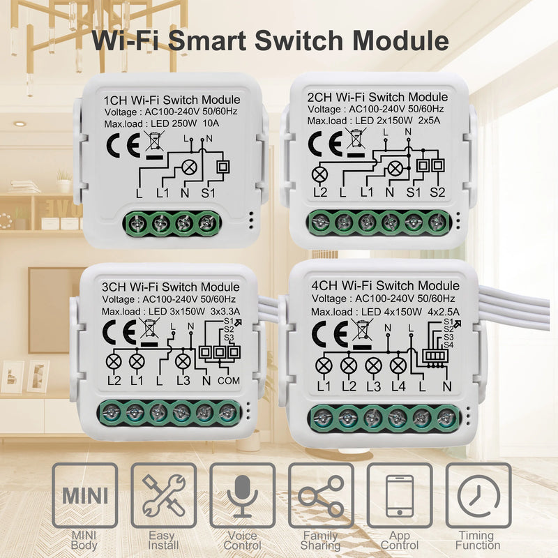 Tuya Wifi Smart Light Switch Module Supports 2 Way Control, App Remote Control DIY Breaker 100-240V, Work with Alexa Google Home