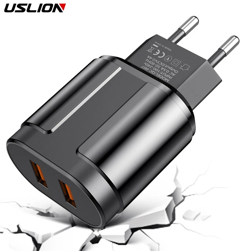 USLION EU/US Plug 2.4A Max Dual USB Fast Charging Adapter Wall Universal Mobile Phone Charger For iPhone Samsung Xiaomi Poco