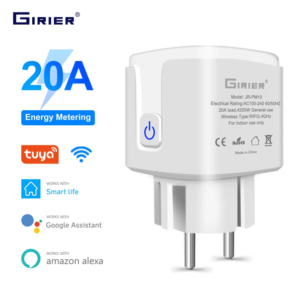 GIRIER Tuya Wifi Smart Plug 20A EU Smart Socket Outlet with Power Monitor Timer Function 4200W Compatible with Alexa Google Home