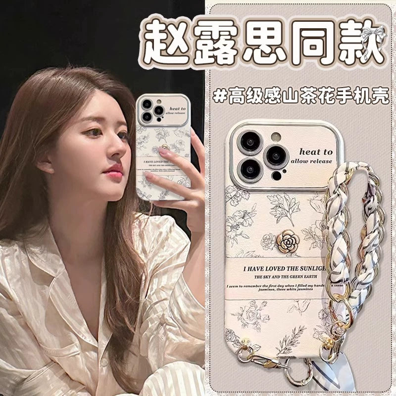 Kutu for Apple 15 Phone Case Female Stereo Camellia Iphone15promax Protective Case Minimalist 14 Fashion New Arrival 13pm All-Inclusive Silicone 12 with Bracelet Lanyard 15pro Niche Style