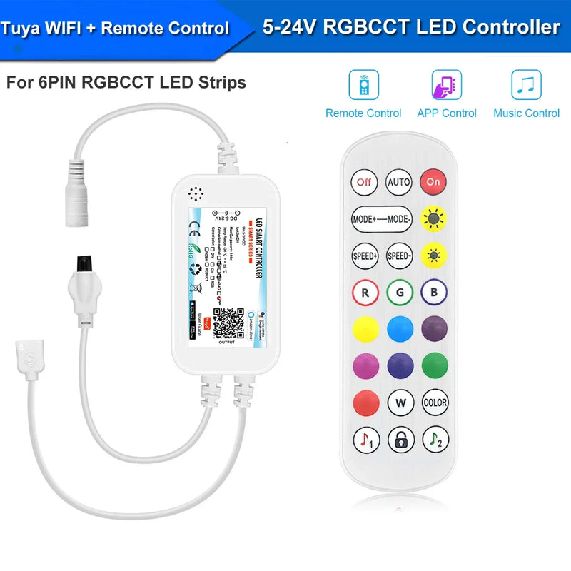 Tuya Wifi 5in1 LED Strip Lights Kit DC12V 5050 RGBCCT RGB+W+WW APP/Voice/Remote Control Smartlife for Alexa Google Home 1M-5M