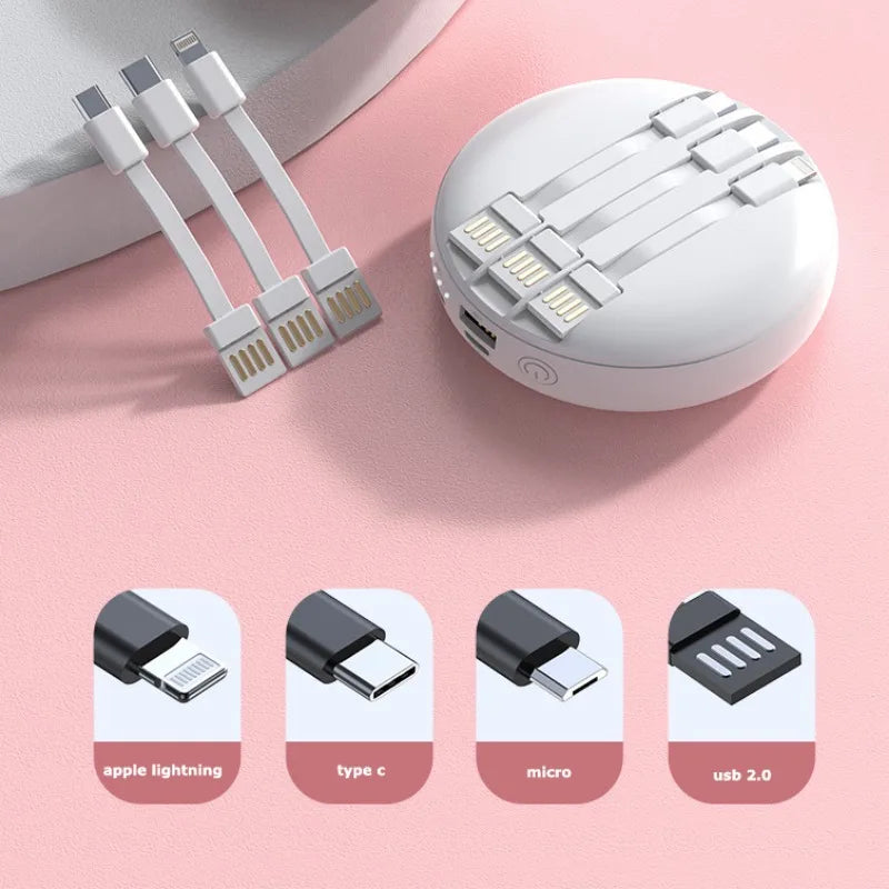 2in1 Round Makeup Mirror Power Bank with 3 Built-in Data Cables 20000mAh Power Banks Mini Portable Mobile Power Supply Universal