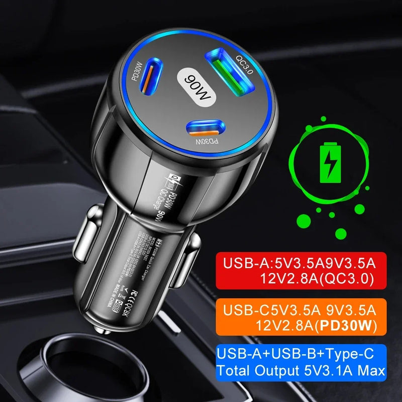 90W  Fast Charger 3 Ports PD USB Car Charging Mobile Phone Type-C Adapter Quick Charger in Car for iPhone 14 15 Pro/Max Samsung