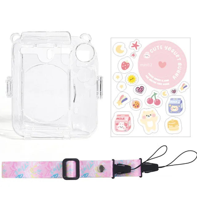 For Fujifilm Instax Mini 12 PC Transparent Camera Case Protection Cover Shoulder Strap Storage Bag Strap Sticker Three-Piece Set