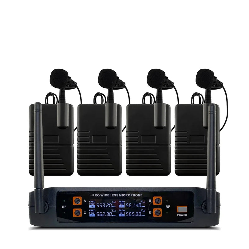 Wireless microphone system 4-channel handheld lavalier headset microphone for party karaoke church performance meeting