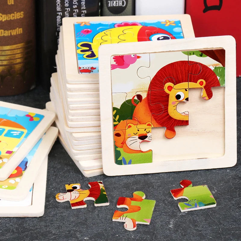 Baby Wooden Toys 11x11cm Jigsaw 3d Puzzle Cartoon Animal Traffic Wooden Puzzle Game Montessori Educational Toys For Children