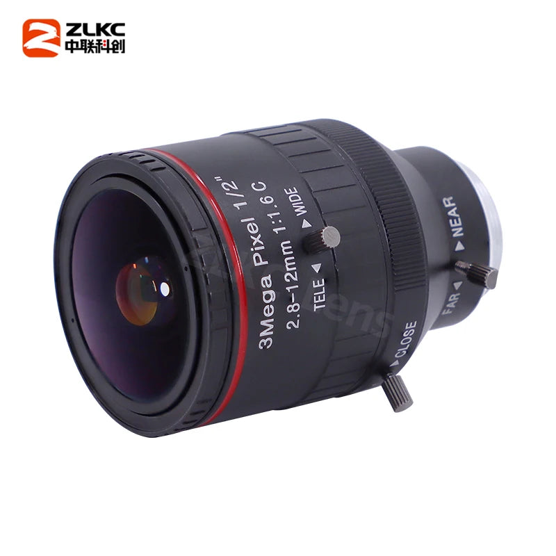 ZLKC 2.8-12mm Wide-Angle Zoom Lens C Mount 1/2 Inch 3MP Low Distortion F1.6 CCTV 4K Camera Lens Varifocal