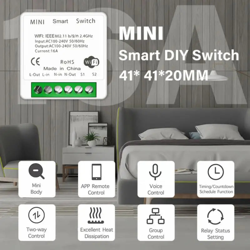 AUBESS Tuya 16A WiFi Mini Smart Switch Smart Life DIY Wall Switches Power Monitoring 2-Way Control For Alexa Google Home Alice