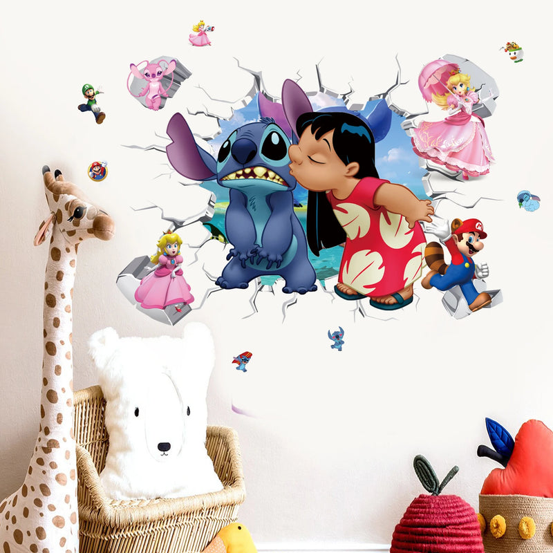 3D Broken Wall Lilo & Stitch Wall Stickers For Kid's Room Kindergarten Living Room Bedroom Wall Decoration Animated Poster