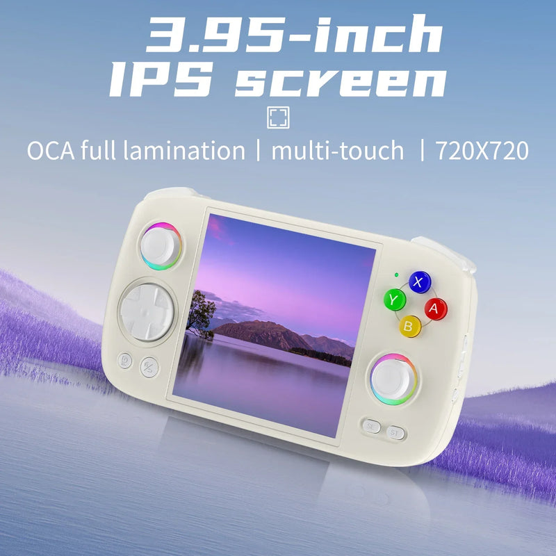 New ANBERNIC RG Cube Handheld Game Console 3.95 Inch IPS Screen 64bit Android 13 Unisoc T820 Hall Joystick RGB lighting effect