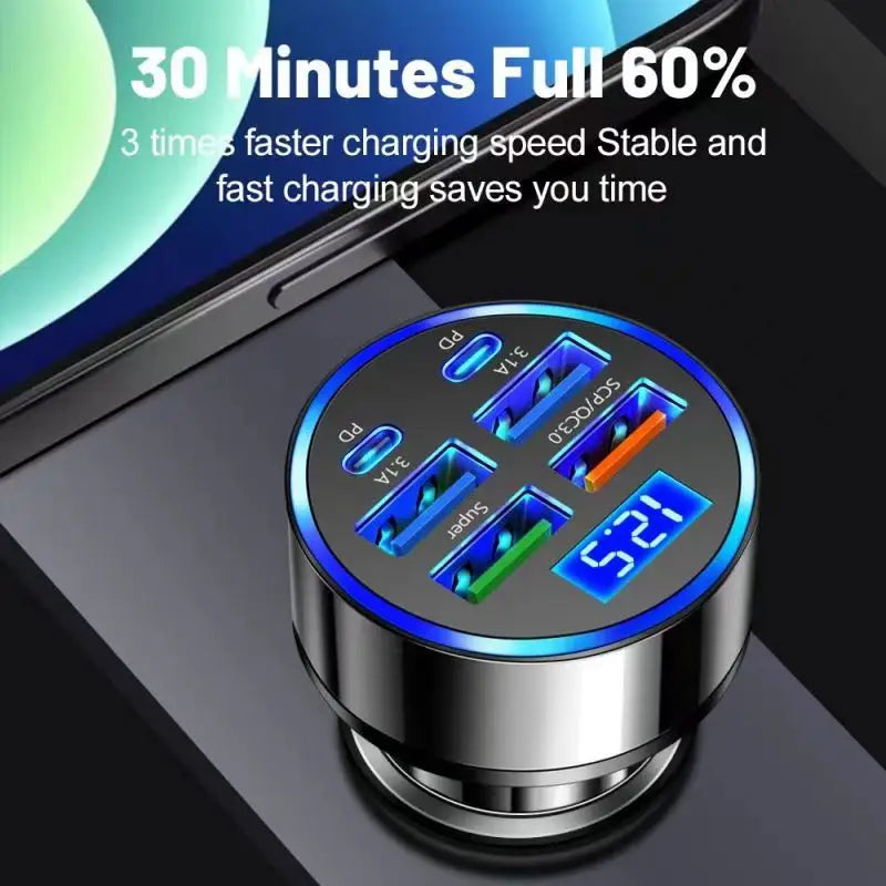 UYUXIO 6 in 1 USB C Car Phone Charger Adapter with Voltage Display Super Fast Charge in Car for iPhone 16 15 Pro Max Samsung