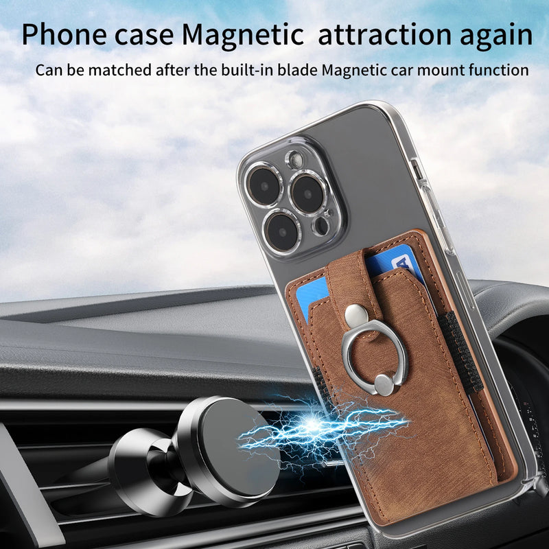 Vintage Car Magnetic Card Holder Leather Sticker Adhesives ID Credit Cards Bag Phone Wallet Back Stickers for Smartphone Ring