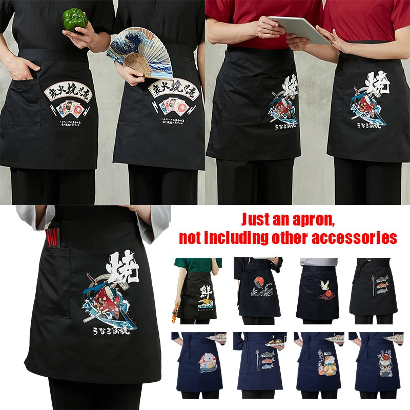 Japanese Cuisine Restaurant Sushi Shop Apron Korean Ramen Barbecue Short Apron Koi Lucky Cat Printed Chef Work Uniform Apron