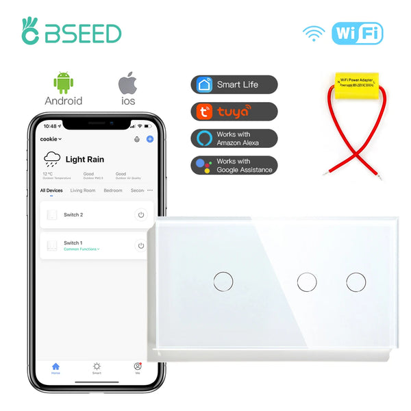 BSEED Wifi Wall Switches Double Smart Light Switches Tuya Smart Life Google Alice App Remote Control Glass Panel EU Standard