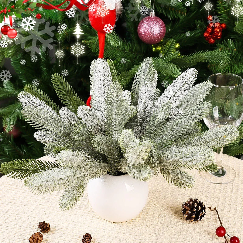 10/5Pcs Christmas Artificial Pine Needles Branches Snow Pine Fake Plants DIY Xmas Tree Wreath Ornaments Home Xmas New Year Gifts