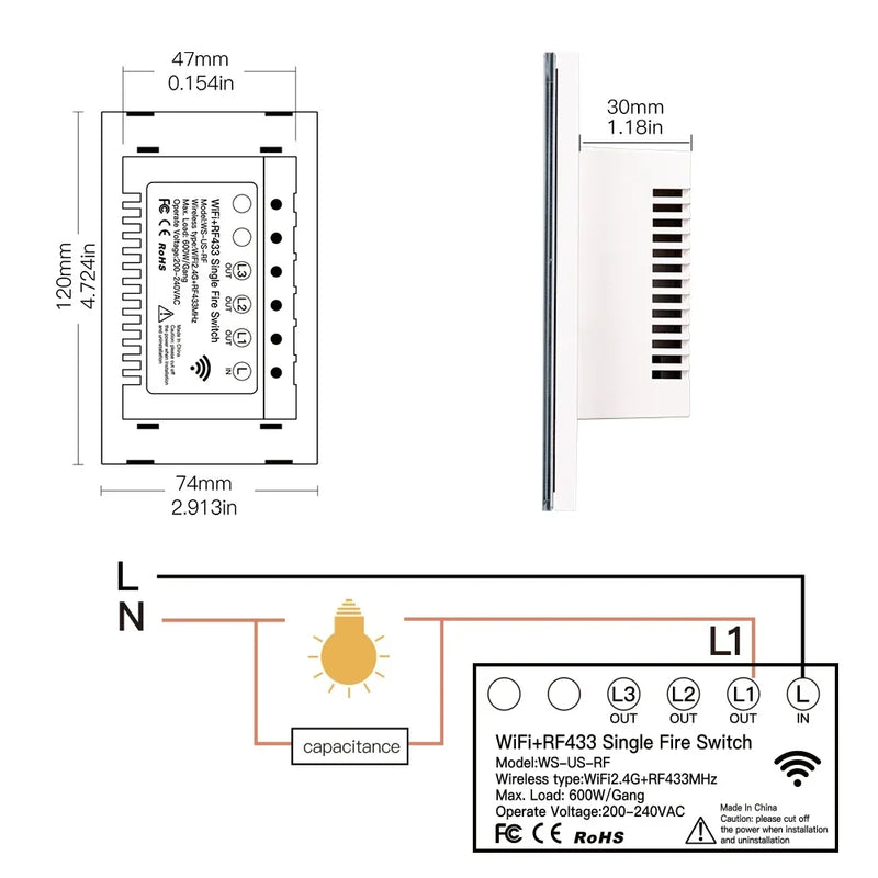 MOES WiFi Smart Light Switch RF433 No Neutral Wire Single Fire Smart Life Tuya App Control Works with Alexa Google Home 110/220V