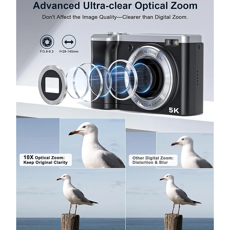 5K Digital Camera HD Professional Camcorder 2.8in 5X Optical Zoom Instant Photo Camera 56MP Anti Shake Digital Cameras Household