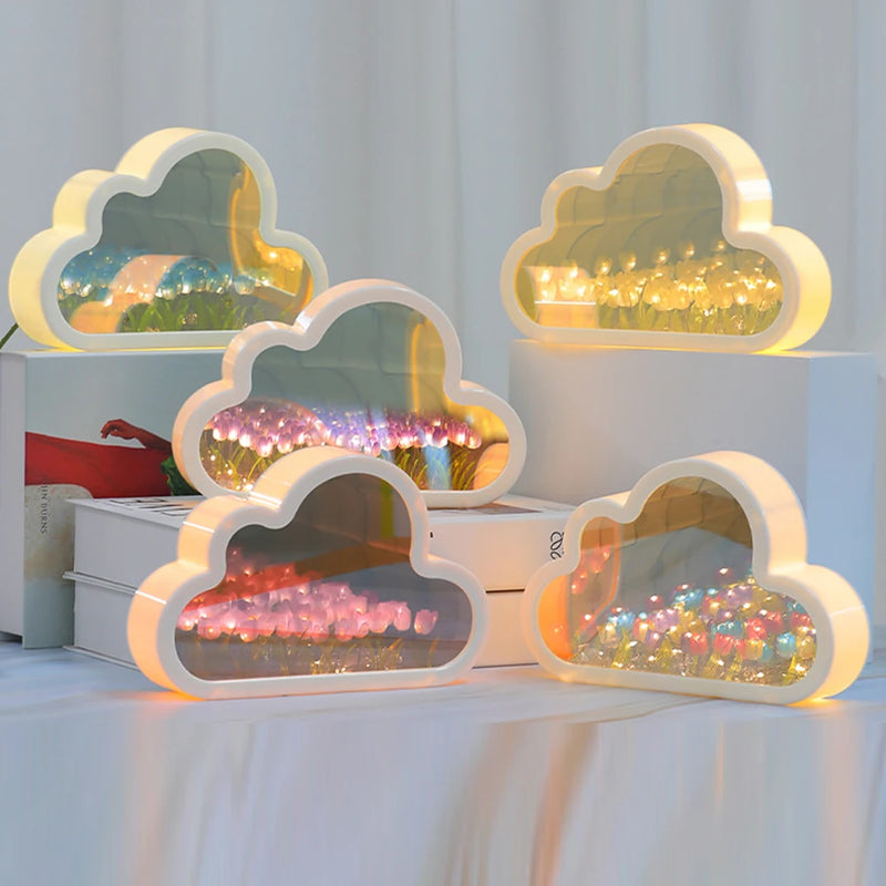 DIY Cloud Tulip LED Night Light Mirror Table Lamps Bedroom Ornaments Decor Bedside Photo Frame Mirror Table Lamps Handmade Gifts