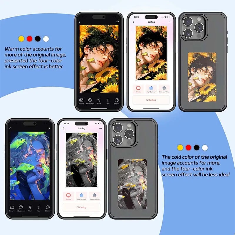 NFC Smart Phone Cases For 13 14 15 Pro Max E ink Screen Phone Covers Back Cases With Protector Anime Cartoon Fundas Battery Free