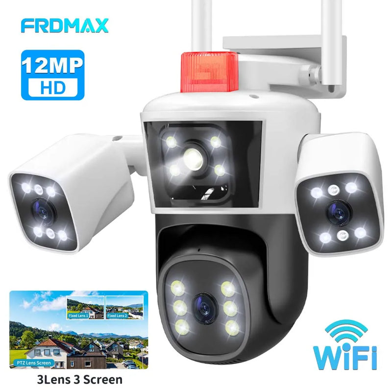 6K 12MP WiFi IP Camera Outdoor Three lens Panoramic View PTZ IP Camera AI Tracking Security Protection CCTV Video Surveillance