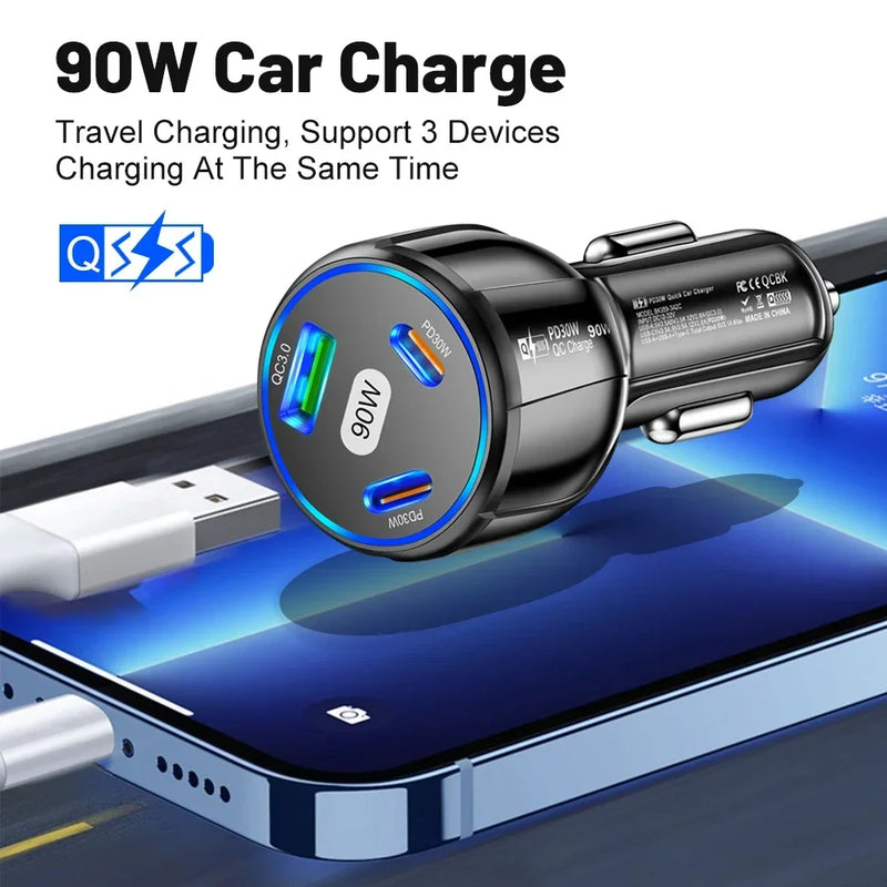 90W  Fast Charger 3 Ports PD USB Car Charging Mobile Phone Type-C Adapter Quick Charger in Car for iPhone 14 15 Pro/Max Samsung