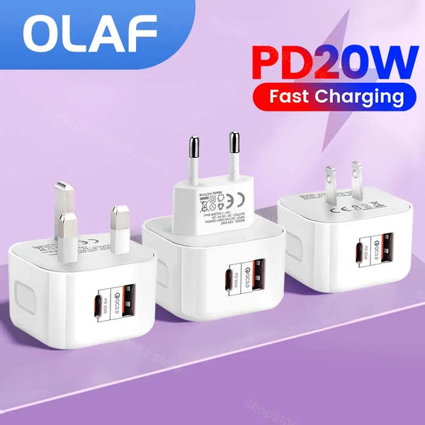 PD20W USB Charger Fast Charge QC 3.0 Wall Charger For iPhone 14 13 Samsung Xiaomi Mobile 2 Ports EU US UK Plug Adapter Travel