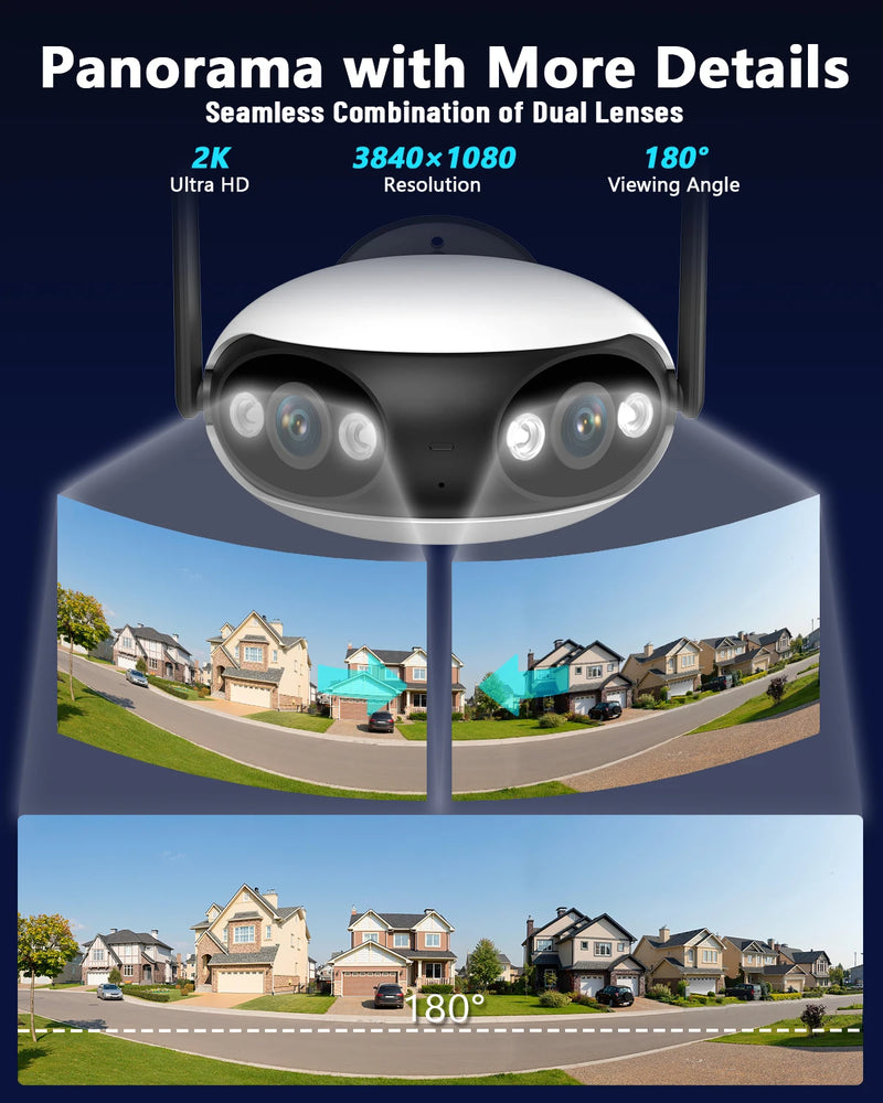 Outdoor 4MP 180° degree Wide View Angle Panoramic WIFI Dual Lens Fisheye IP Camera AI Human Detection dual light Security Cam