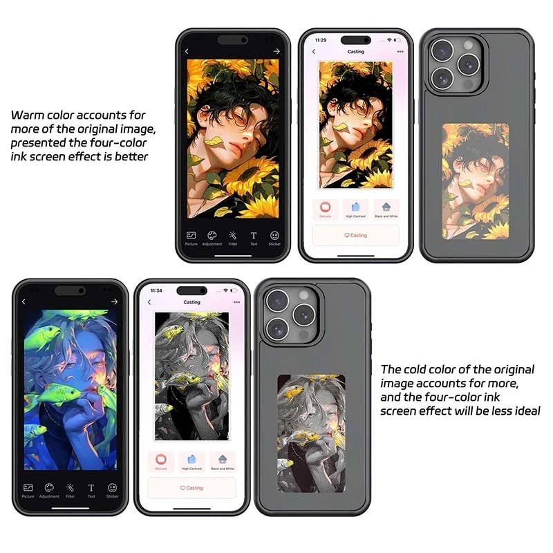 E ink Screen Phone Covers Smart NFC Modle Function Phone Cases For 13 14 15 Pro Max Back Cases Anime Cartoon Fundas Battery Free