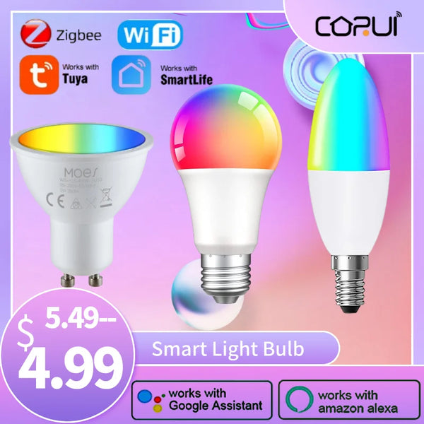 CORUI Tuya WiFi ZigBee Smart Dimmable Magic Bulb E14 E14 GU10 RGBCW LED Bulb For Smart Life APP Alexa Google Home Yandex Alice