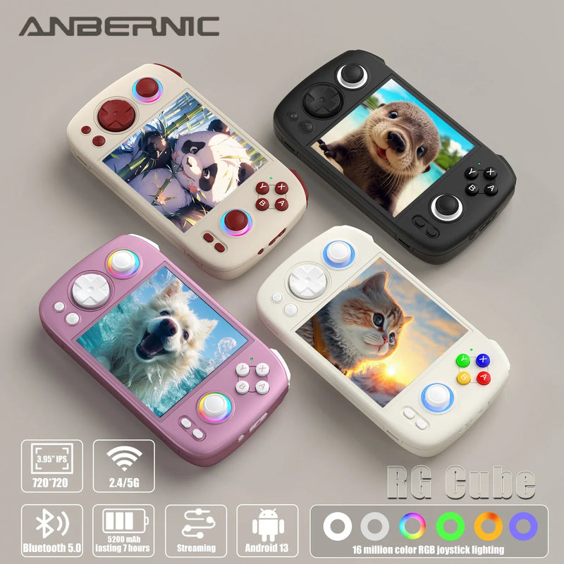 New ANBERNIC RG Cube Handheld Game Console 3.95 Inch IPS Screen 64bit Android 13 Unisoc T820 Hall Joystick RGB lighting effect