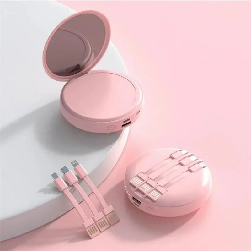 2in1 Round Makeup Mirror Power Bank with 3 Built-in Data Cables 20000mAh Power Banks Mini Portable Mobile Power Supply Universal