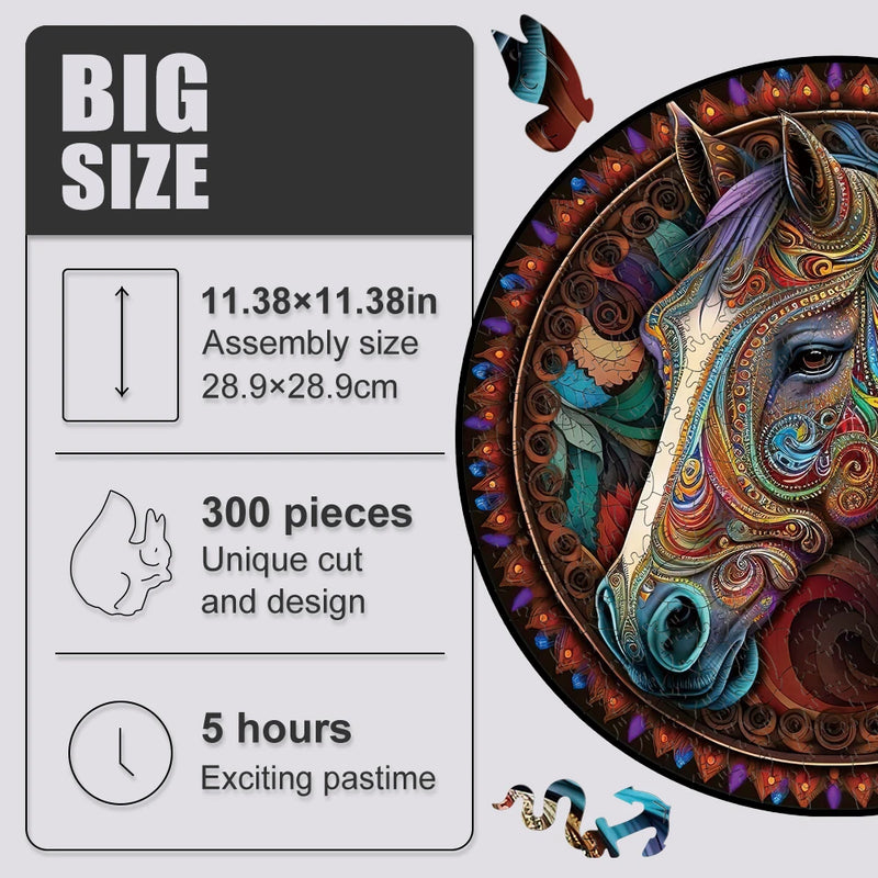 Wooden Puzzle Mandala Horse 3D Wood Jigsaw Puzzle Retro Toys Wooden Animal Puzzles Board Game For Adults Kids With Wood Gift Box