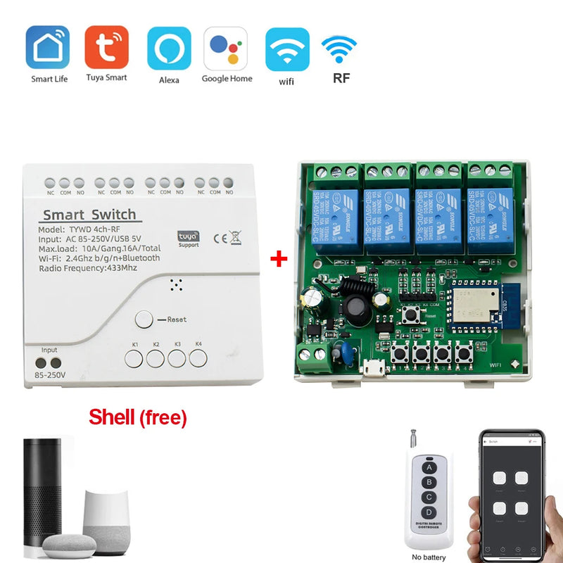 DC 5V 7V-32V AC 85-250V 4 Channel WiFi Remote Control Relay Switch Module Supports 433MHZ Remote Control For Tuya Smart Life