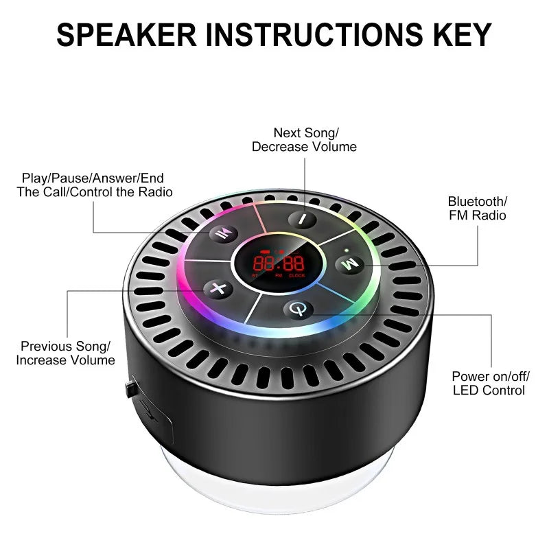 IPX7 Waterproof Bathroom Bluetooth Speaker Dustproof and Shockproof LED Time Display with Built-in FM Radio Mini Speaker