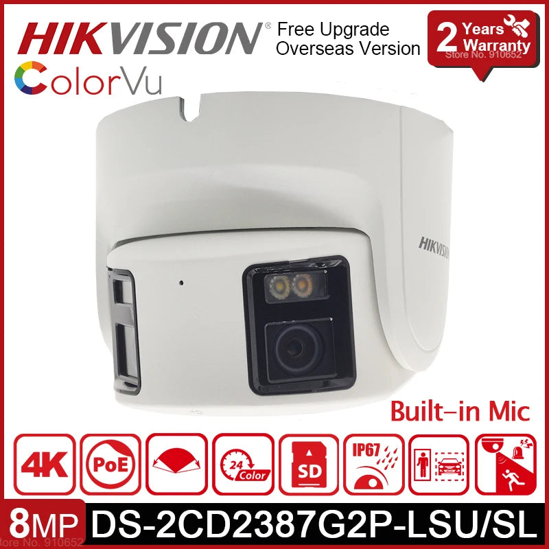 Hikvision DS-2CD2387G2P-LSU/SL 4K 8MP POE ColorVu Panoramic Strobe Light And Audio Alarm Turret Network Camera Built-In Mic IP67