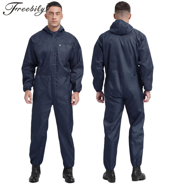 Men Dust-proof Hooded Coverall Workshop Uniform Long Sleeve Zipper Overalls Labor Jumpsuit for Factory Construction Maintenance