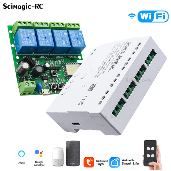 4CH Tuya Relay Wifi Smart Switch Module 7-32/110-220V Light Motor Receiver Smart Life APP Remote Control for Work with Alexa