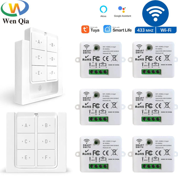 Tuya WiFi RF Smart Light Switch 433MHz 6 Gang Wireless Wall Panel Switch,110V 220V Timing Receiver Work with Goole Home/Alexa