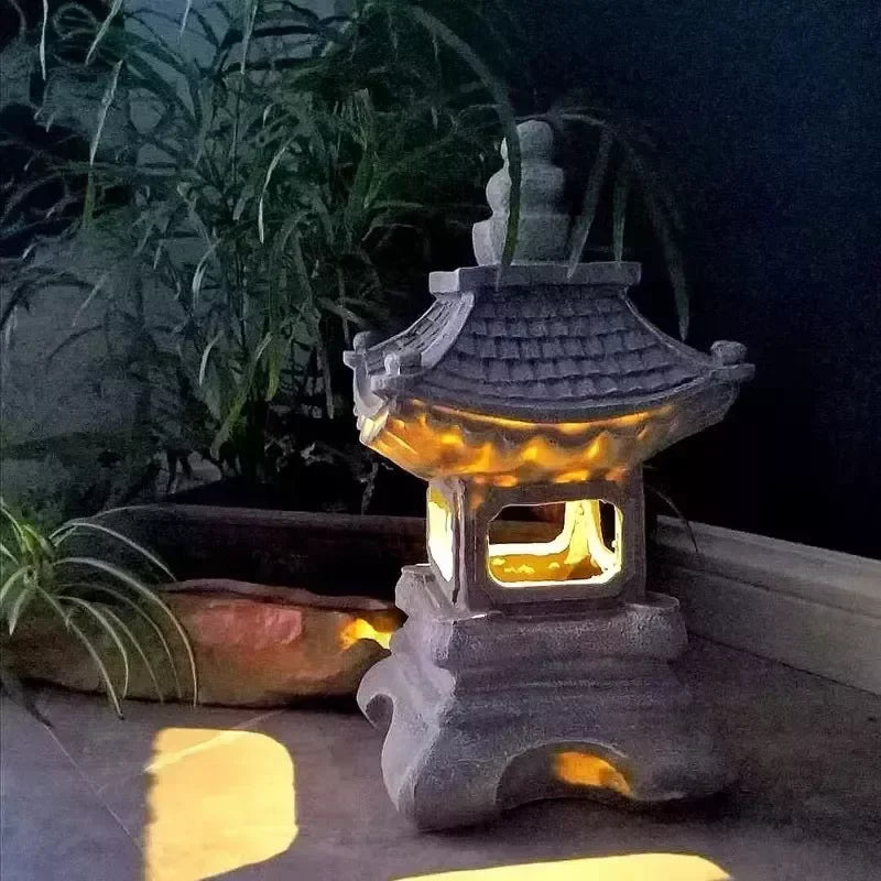 Pagoda Statues Outdoor Solar Powered Statue Japanese Garden Decor Outdoor Zen Garden Lantern Flickering LED Garden Light