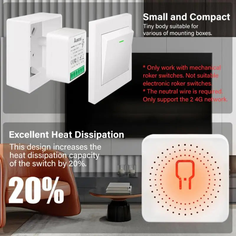 AUBESS Tuya 16A WiFi Mini Smart Switch Smart Life DIY Wall Switches Power Monitoring 2-Way Control For Alexa Google Home Alice