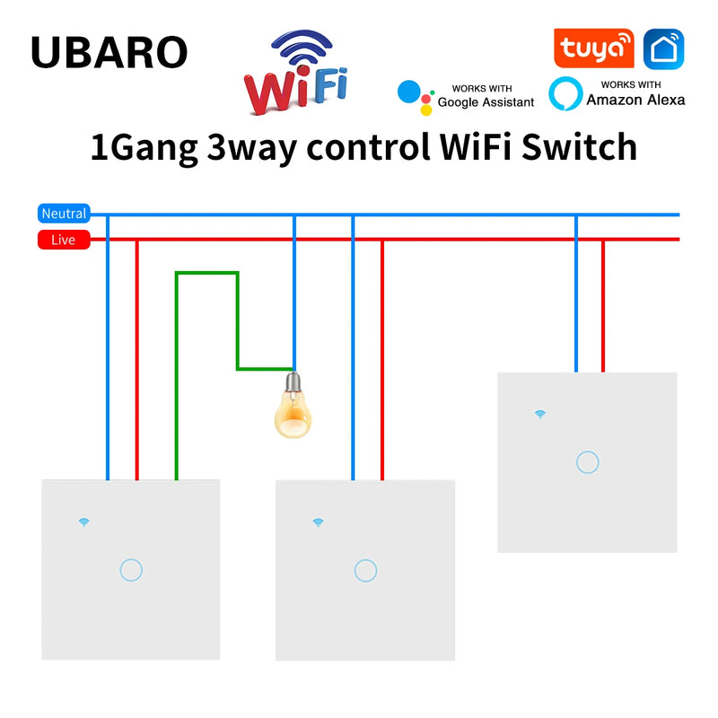 UBARO EU Standard 2 Way Wifi Smart Wall Switch Multi Control Voice Timer Sharing Function Works With Tuya App Home Improvemet