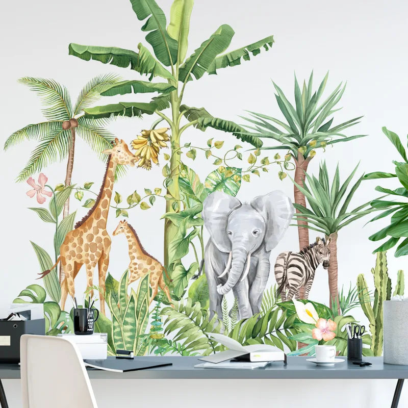 Jungle Animals Wall Stickers for Children Kids Rooms Boys Room Bedroom Decoration Large Safari Elephant Giraffe Zebra Wallpaper