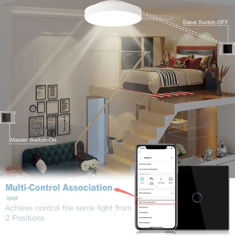 BSEED Tuya Wifi  Switches 1Gang 2 Way Smart Touch Switches Tuya Google Smart Life Alexa App Wireless Control Glass Panel2Pack