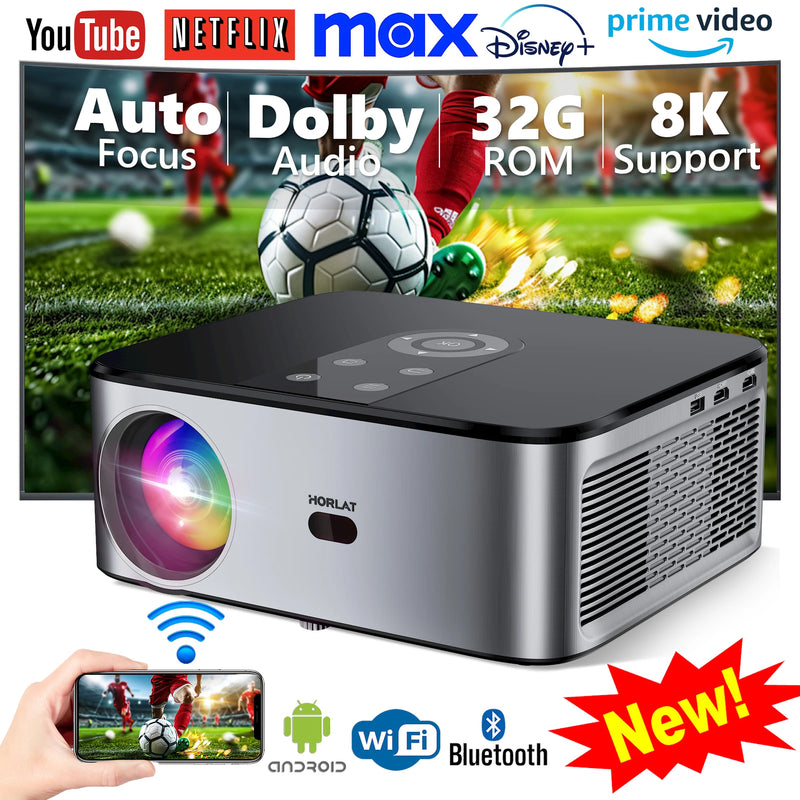 HORLAT T03 Android 4K Beamer 32GB Projector Full HD 1080P 8K Video Dolby Audio Home Theater Auto Focus Keystone 5G WiFi Portable