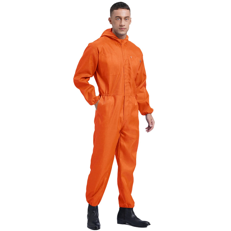 Mens Front Half Zipper Big Pockets Overalls Jumpsuit Dungarees Workshop Worker Dustproof Hooded Coverall Mechanic Uniform