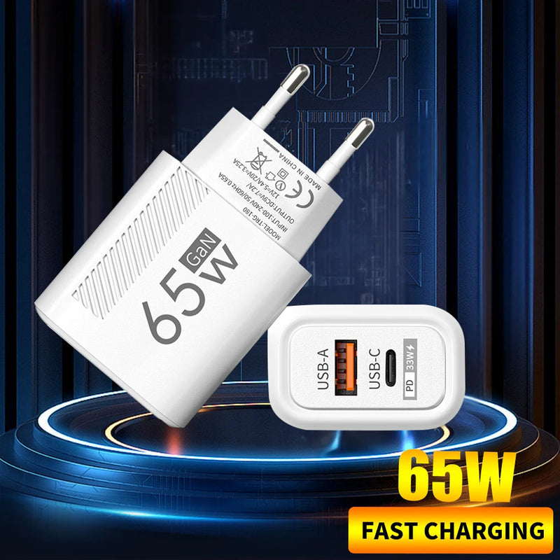 Total 65W USB C Charger GaN Fast Charging Wall Charger For iPhone Samsung Xiaomi Quick Charge EU/US Plug Phone Charger Adapter