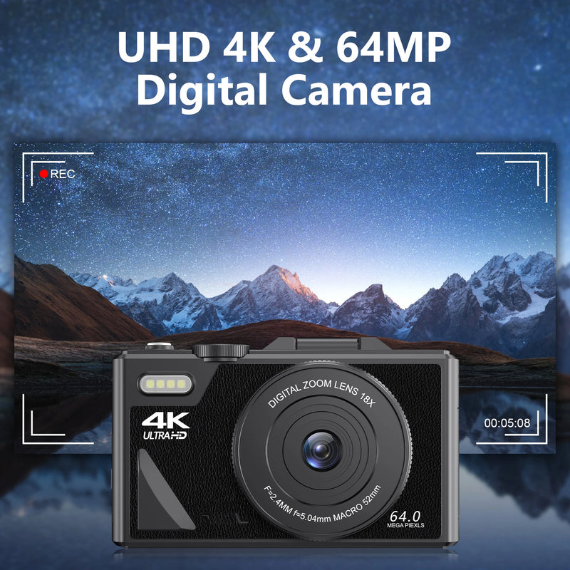 64MP Digital Camera for Photography 4K Video Vlogging Camcorder YouTube Webcam Cameras 18X Digital Zoom Camera 3" Flip Screen