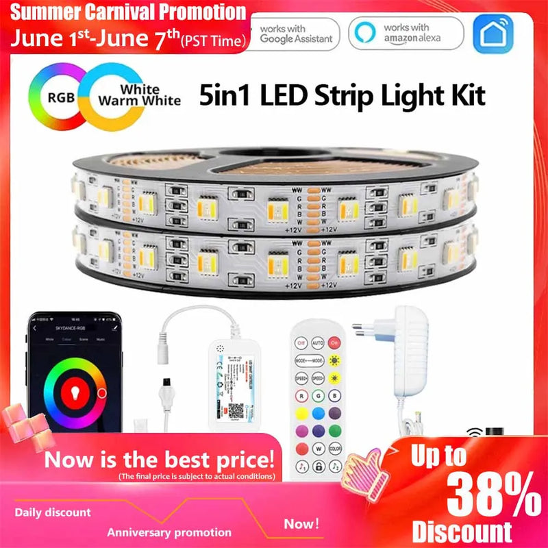 Tuya Wifi 5in1 LED Strip Lights Kit DC12V 5050 RGBCCT RGB+W+WW APP/Voice/Remote Control Smartlife for Alexa Google Home 1M-5M