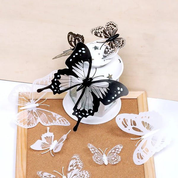 12pcs 3D Butterfly Wall Stickers Black White Color Wallpaper Butterfly Insert Rod Bedroom Home Wedding Decor bouquetSupply